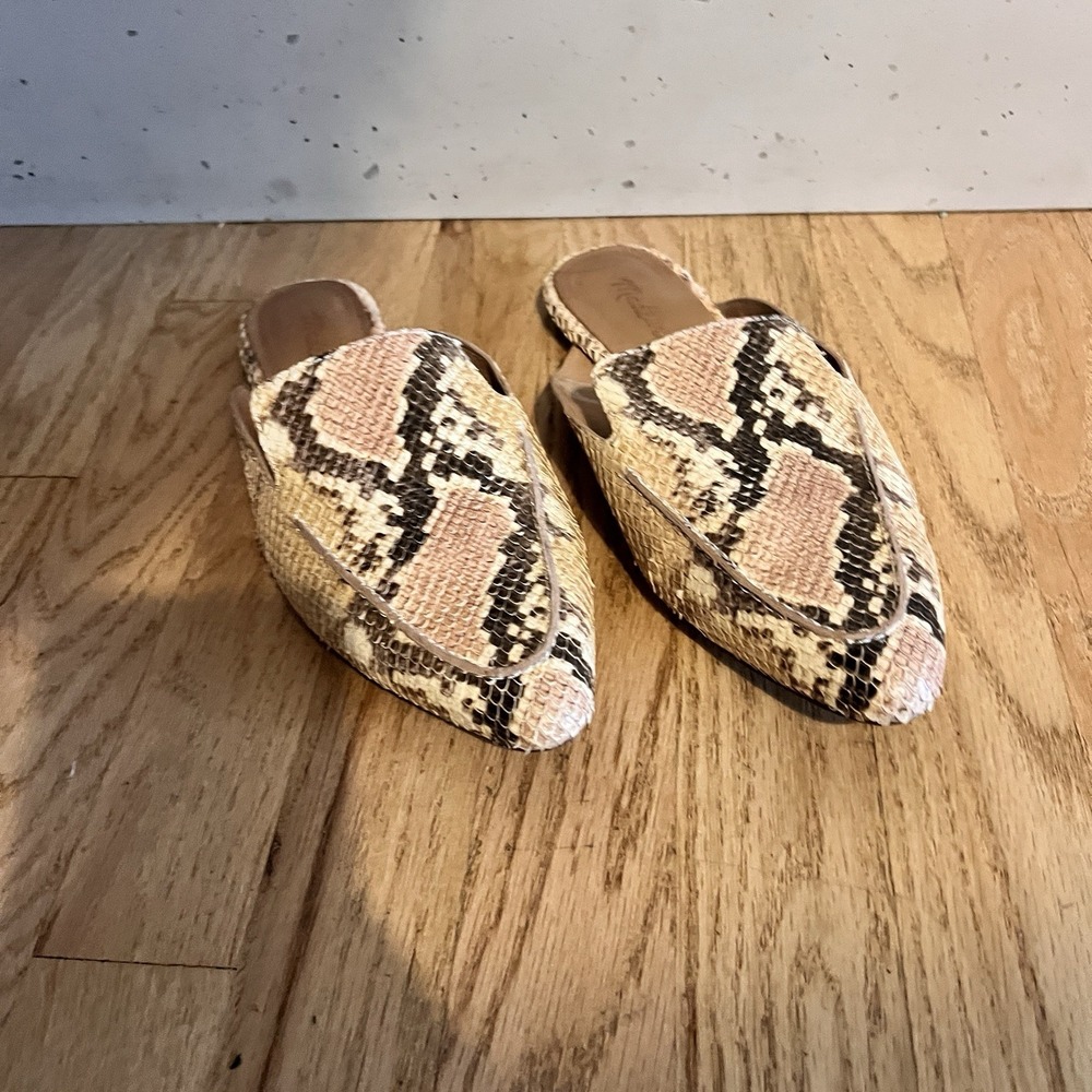 Madewell Snake Print Leather Mules Slip On Flats Womens 7.5 Neutral
